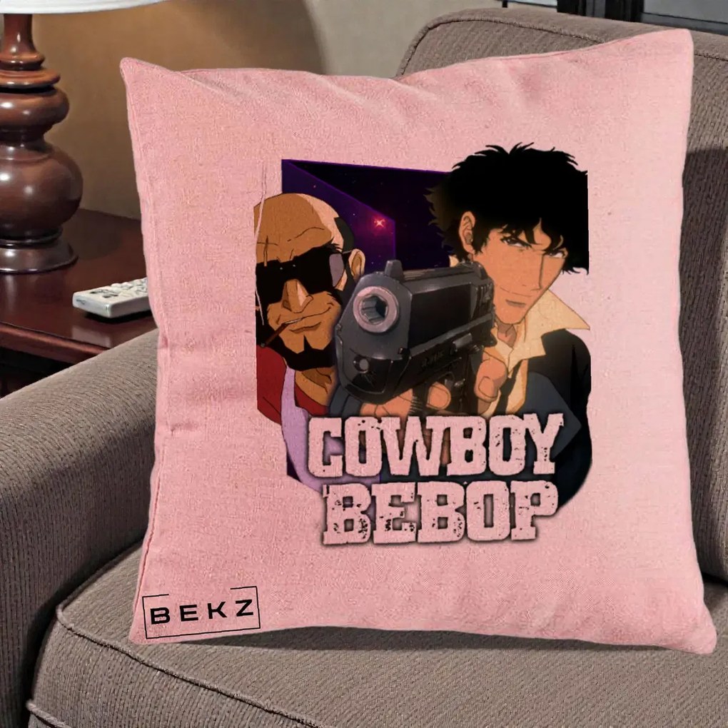 Perna Personalizata Cowboy Bebop Spike si Jet Poster, 40x40 cm, Roz, Husa Detasabila, Perna Inclusa, BEKZ®