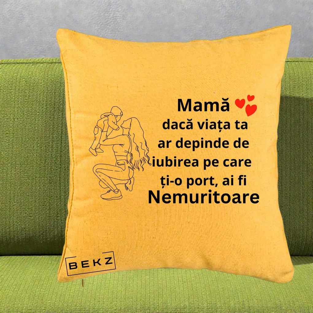 Cadou pentru Mama - Perna Personalizata Mama Nemuritoare Portret Graphic, 40x40 cm, Galben, Husa Detasabila, Perna Inclusa, BEKZ®