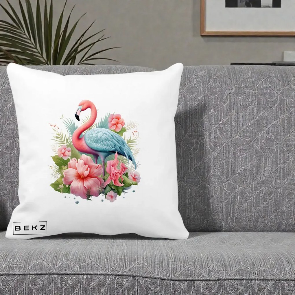 Perna Decorativa Flamingo cu Hibiscus Tropical, 40x40 cm, Alba Mata, Husa Detasabila, Perna Inclusa, BEKZ®