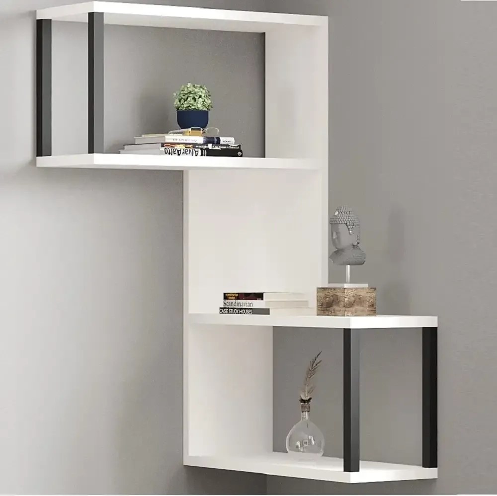 Raft de perete Lester pentru colt,  culoare alb si negru  84 cm