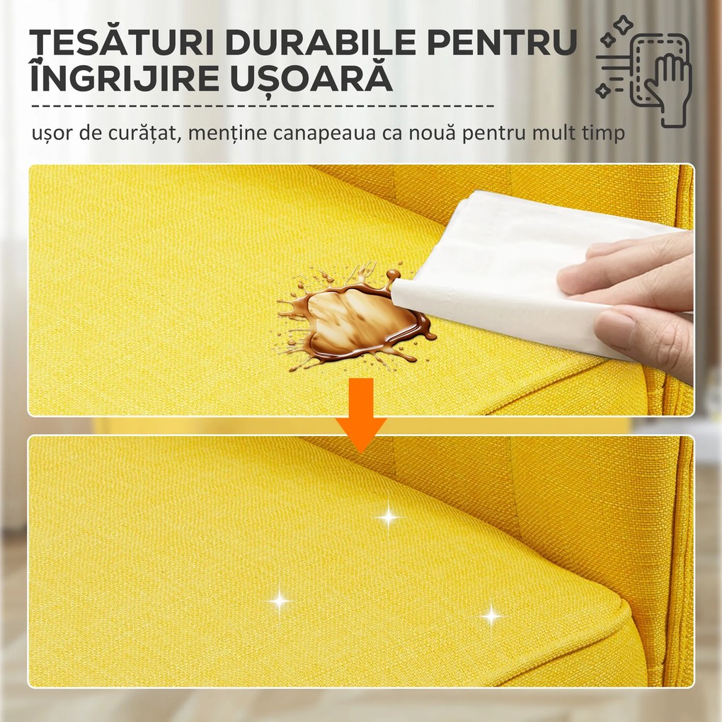HOMCOM Canapea cu 2 Locuri din Țesătură, Fără Brațe, Canapea de Sufragerie cu Picioare din Lemn, 117x56,5x77 cm, Galben | Aosom Romania