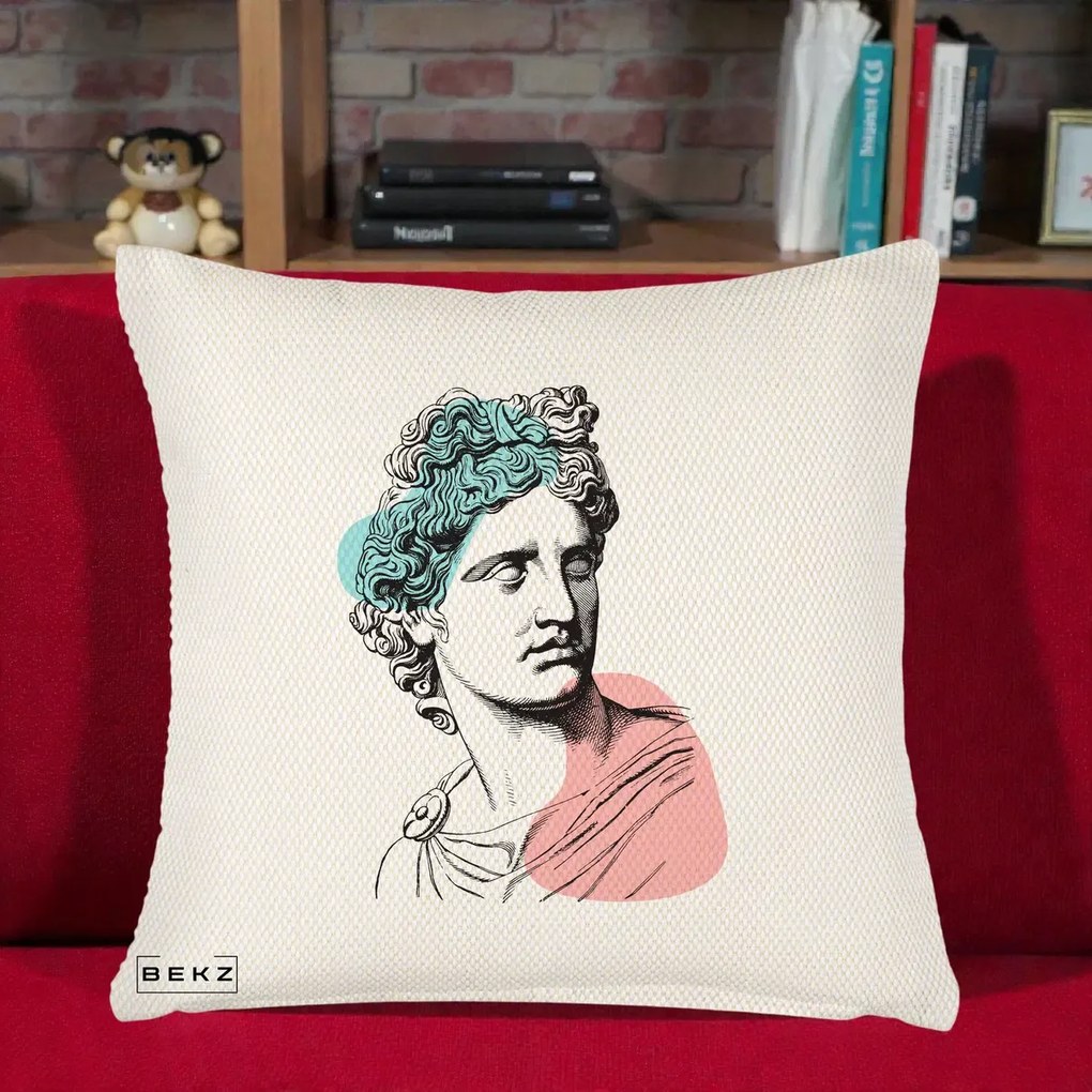 Perna Decorativa Bust Grec Vaporwave, 40x40 cm, Crem Reliefat, Husa Detasabila, Perna Inclusa, BEKZ®