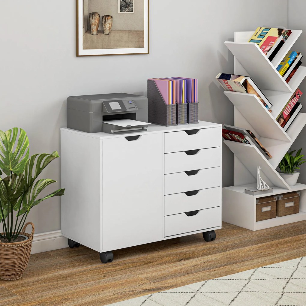 HOMCOM Dulap Lateral cu 5 Sertare, Dulap cu Raft Reglabil, Mobilier pentru Birou pe Roți, Suport pentru Imprimantă pentru Biroul de Acasă, Alb | Aosom Romania