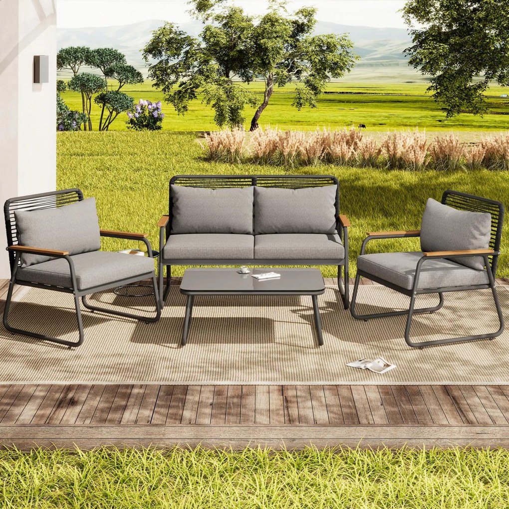 Set de lounge pentru grădină pentru 4 persoane, cu canapea dublă, 2 canapele individuale și 1 măsuță de cafea, Gri