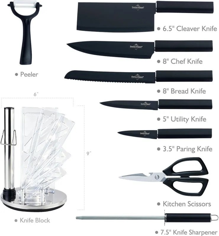 Set de cutite cu suport Swiss Haus SH-KSL9B, 9 piese, Manere antiderapante, Otel inoxidabil, Negru