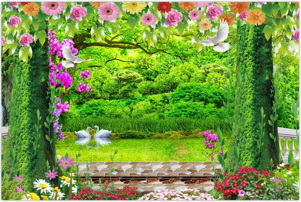 Tablou - Grădina magică cu lebede (90x60 cm)