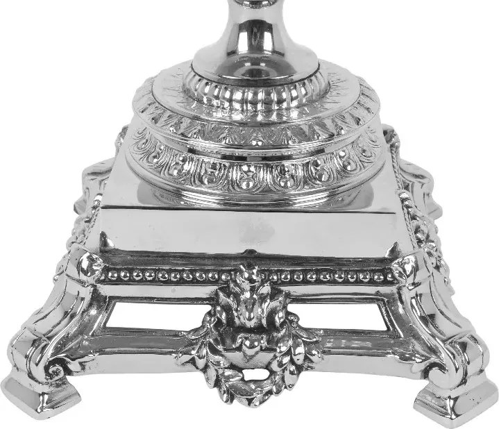 Suport lumânare din alamă lucrată manual și sticlă, argintiu, cu clopot gravat în formă de lalea și bază pătrată pe patru picioare sculptate, 50 x 24