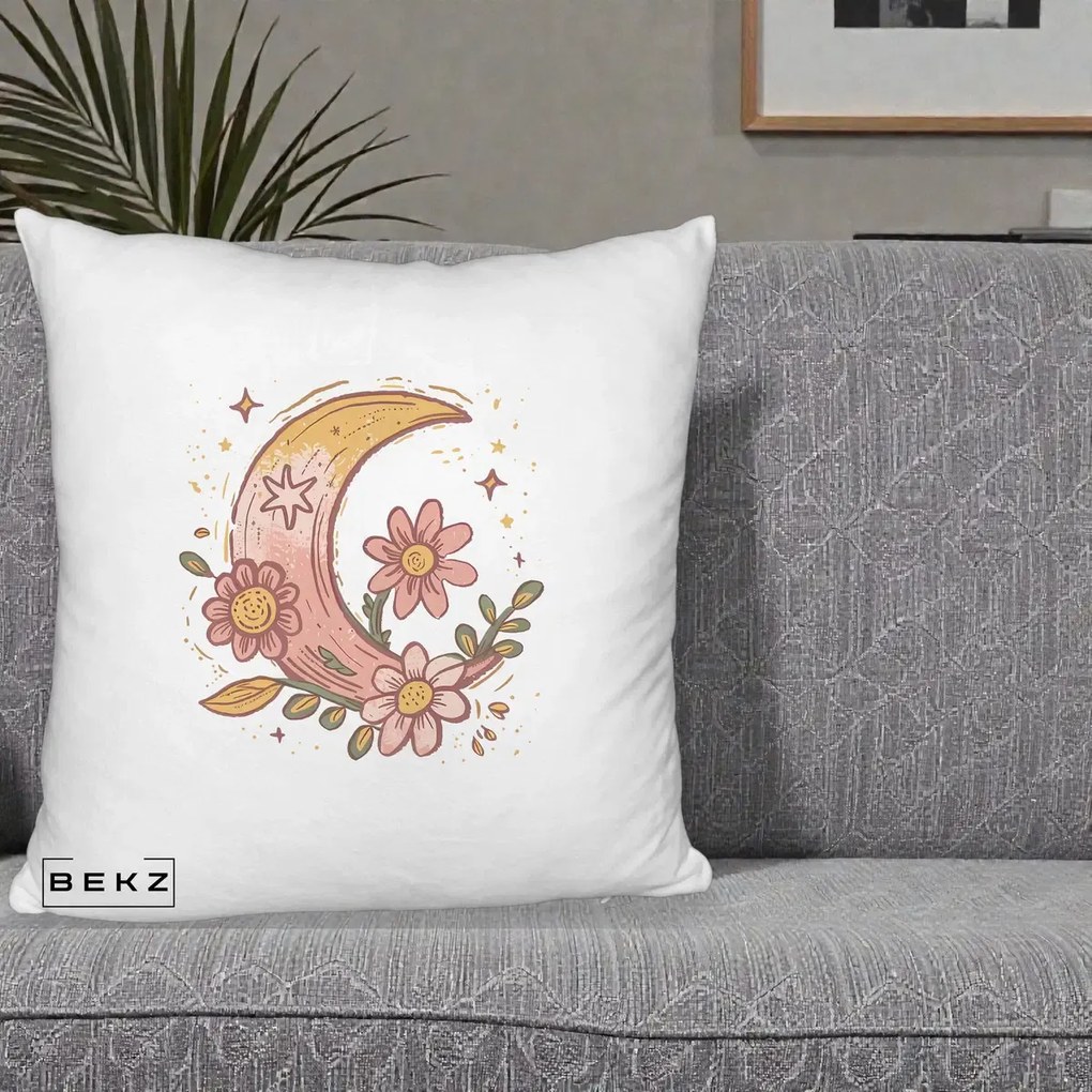 Perna Decorativa Luna Florala Boho, 40x40 cm, Alb Pufos, Husa Detasabila, Perna Inclusa, BEKZ®