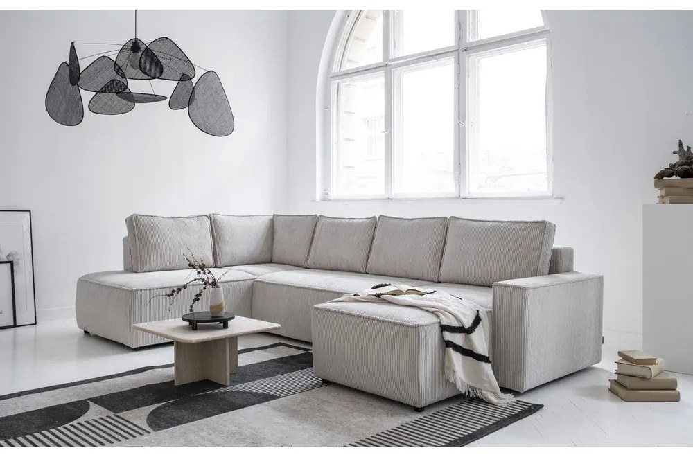 Colțar alb extensibil cu tapițerie din catifea reiată (cu colț pe partea stângă /în formă de "U") Brave Dave – Miuform