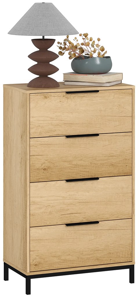 HOMCOM Comodă înaltă pentru dormitor cu 4 sertare, mânere metalice, comodă îngustă pentru living/hol 62x35x105 cm Natural | Aosom Romania
