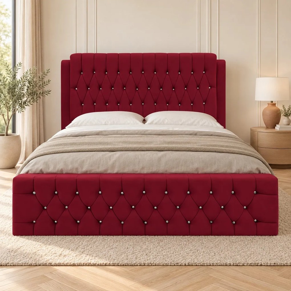 Pat tapițat Chesterfield din catifea Aveline Deluxe 180×200 cm, vișiniu, cu ladă de depozitare