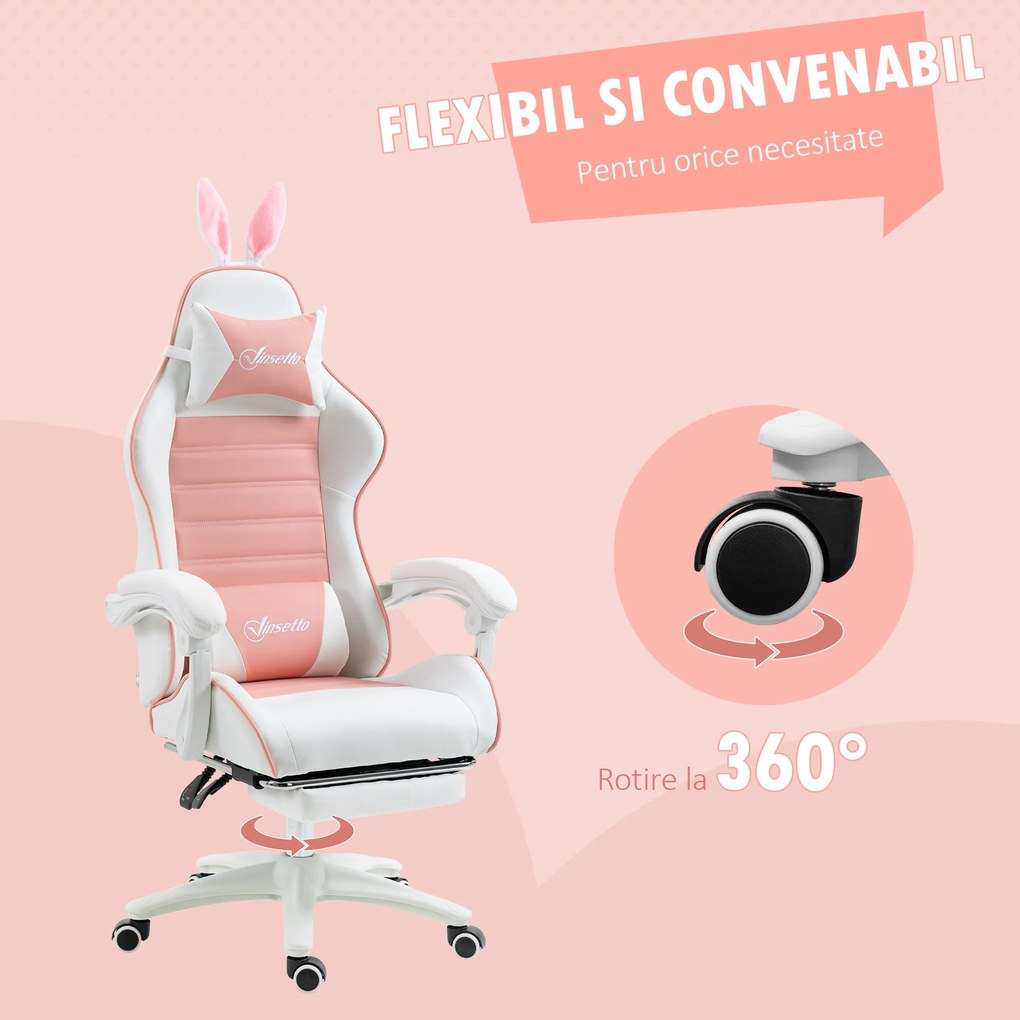 Vinsetto Scaun de Gaming Ergonomic cu Urechi de Iepure și Suport pentru Picioare Extensibil, 65x63x136-142 cm, Roz | Aosom Romania