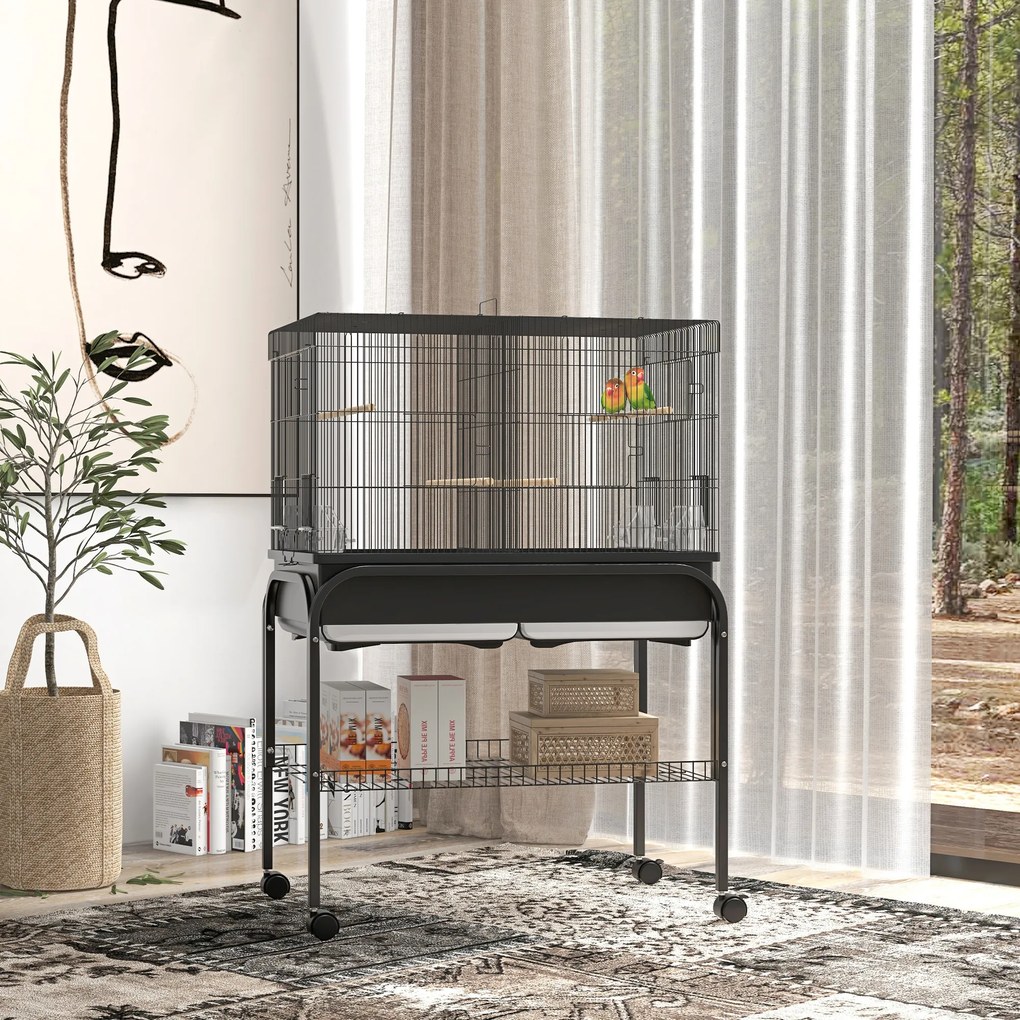 PawHut Cușcă păsări cușcă papagal cu suport roți pentru cacatua papagal canari papagal 85 x 49 x 119 cm negru | Aosom Romania