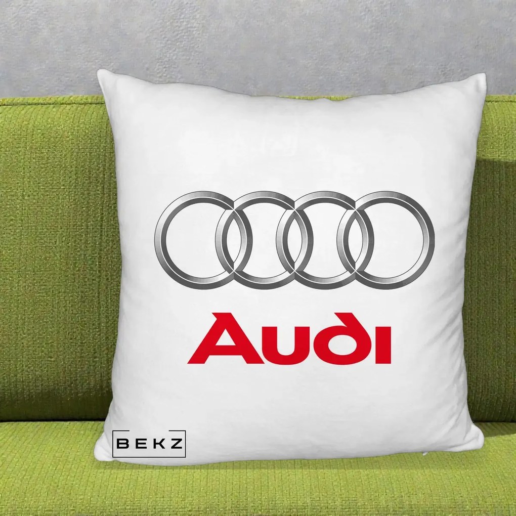 Perna Personalizata cu emblema Audi, 40x40 cm, Alb Pufos, Husa Detasabila, Perna Inclusa, BEKZ®