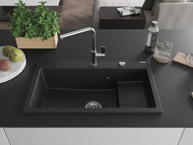 Mexen Omar chiuvetă granit cu 1 cuvă 800 x 480 mm, negru, sifon crom - 6520801005-77