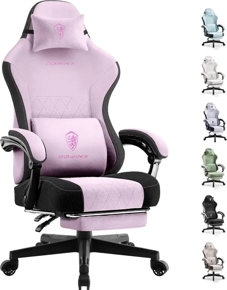 DOWINX 6650F - Scaun Gaming Ergonomic, Masaj in perna lombara, Șezut cu Arcuri Metalice și Spumă, Suport pentru picioare, Rabatabil 90°–135°, Rezistent 136 kg, Material textil, Roz