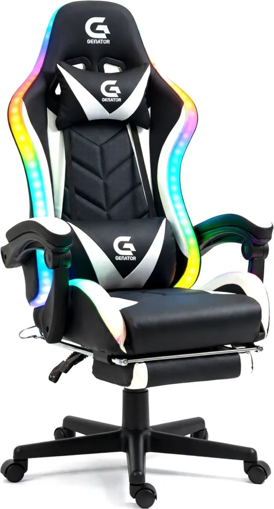 RESIGILAT- Scaun gaming, sistem iluminare bandă LED RGB, masaj în perna lombară, suport picioare, Negru/Alb