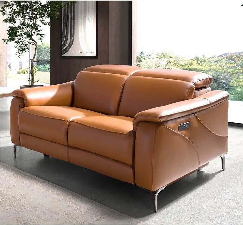Canapea 2 locuri eleganta, design LUX cu functia relax Cowhide brown leather