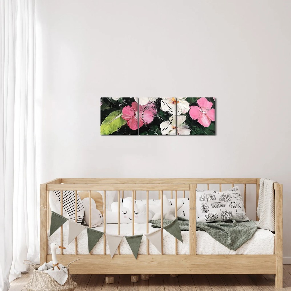 Tablou - Flori roz și albe (cu ceas) (90x30 cm)