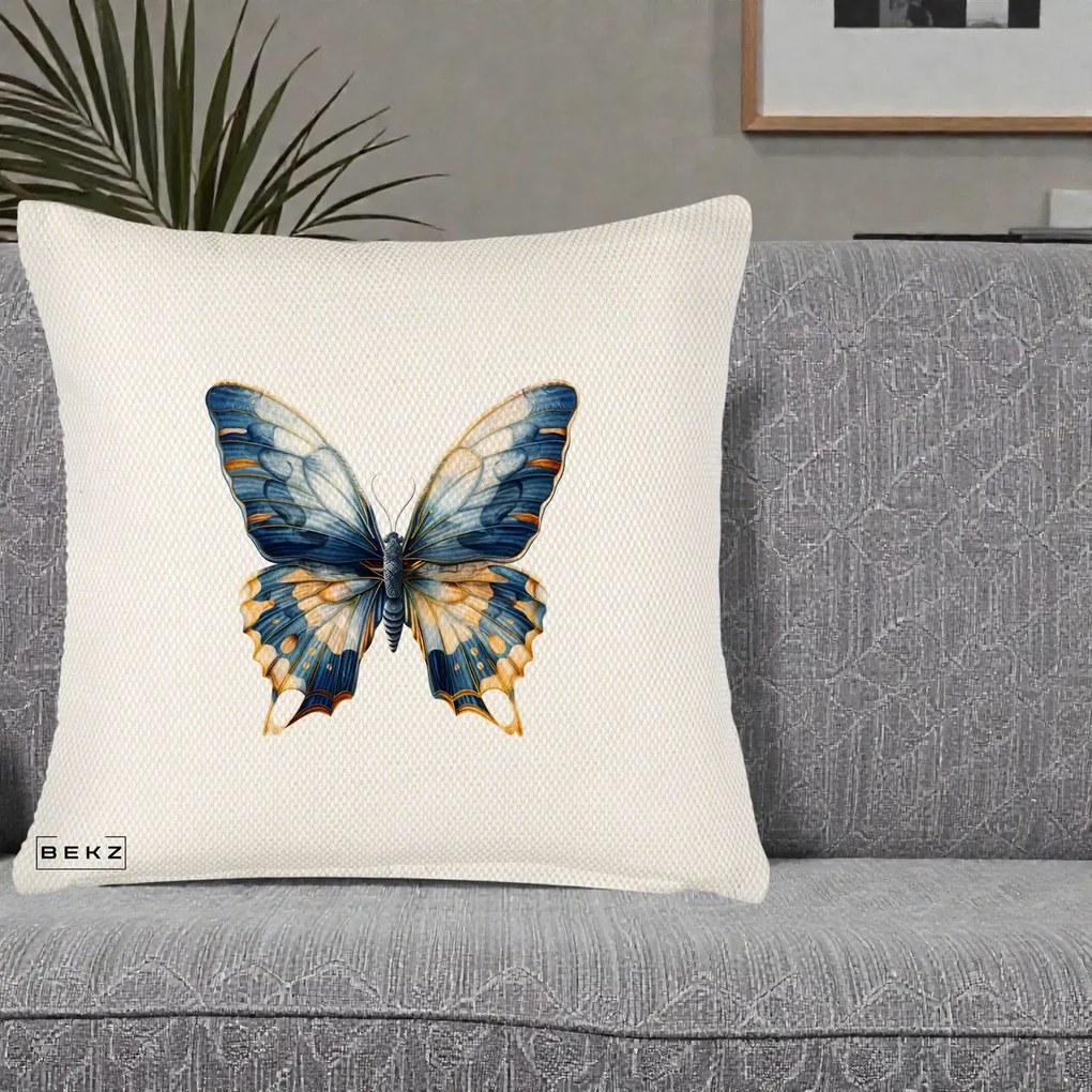 Perna Decorativa Fluture Albastru Auriu Elegant, 40x40 cm, Crem Reliefat, Husa Detasabila, Perna Inclusa, BEKZ®