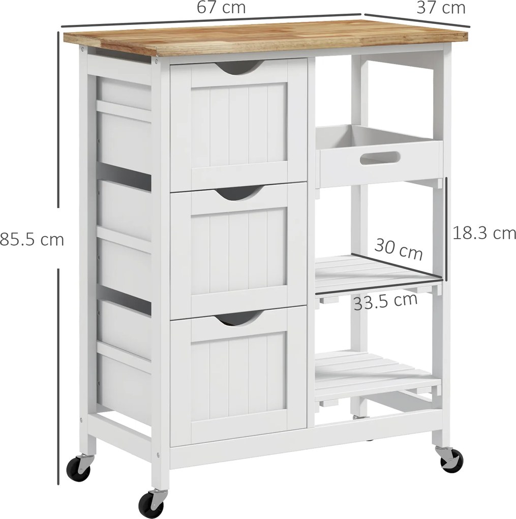 HOMCOM Cărucior de Bucătărie cu Roți, Insulă de Bucătărie Compactă cu Blat din Lemn, Rafturi și Sertare, Alb | Aosom Romania