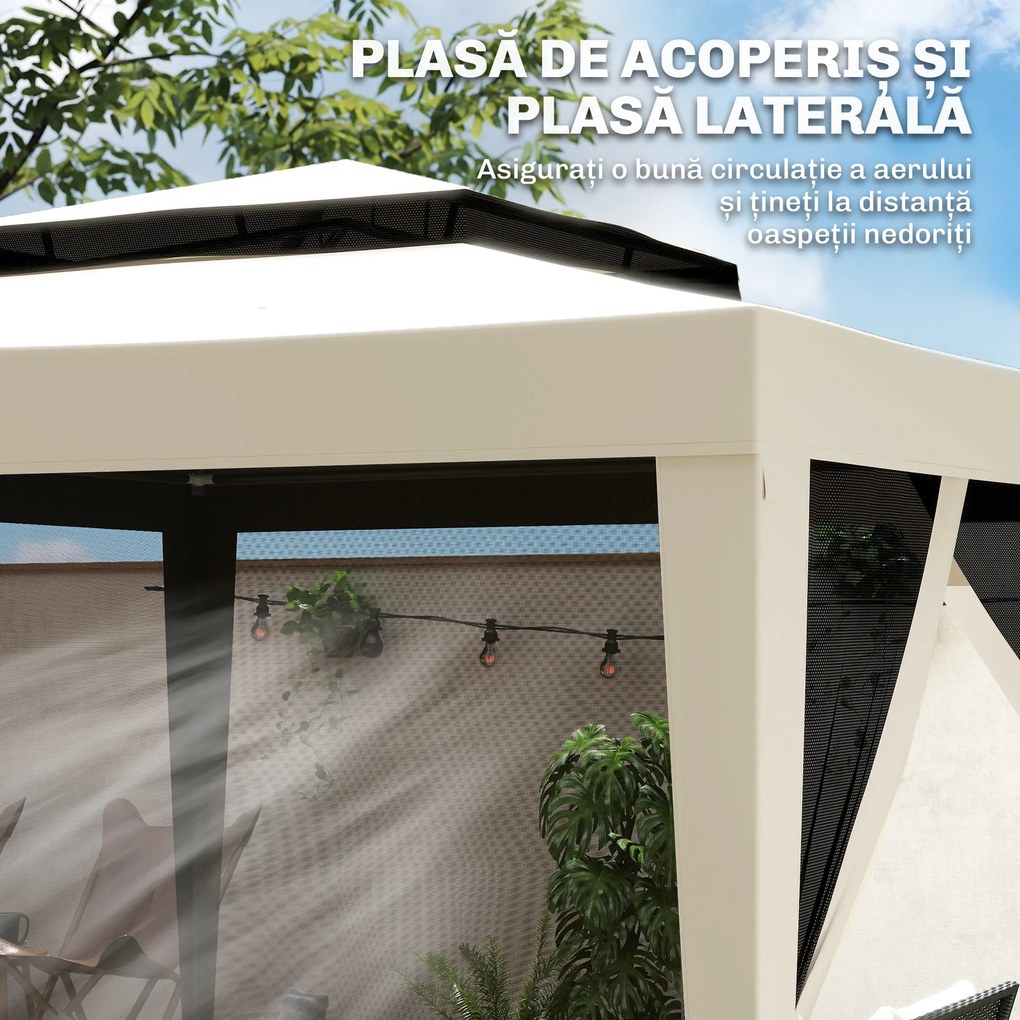 Outsunny Foisor de Gradina cu Plasa de Tantari, Foisor 3x3 m cu Acoperis Dublu si Cadru din Metal, Bej