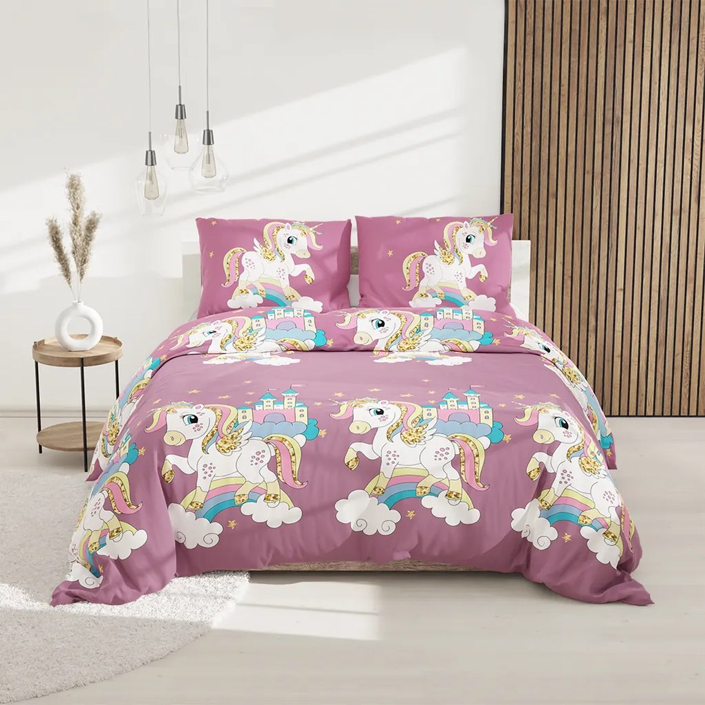 Lenjerie de pat pentru copii din bumbac violet, UNICORN