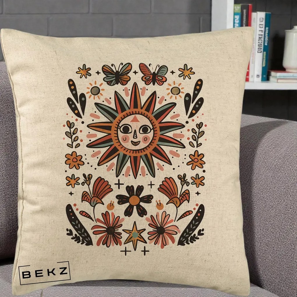 Perna Decorativa Soare Boho Folk Fluturi, 40x40 cm, Bej, Husa Detasabila, Perna Inclusa, BEKZ®