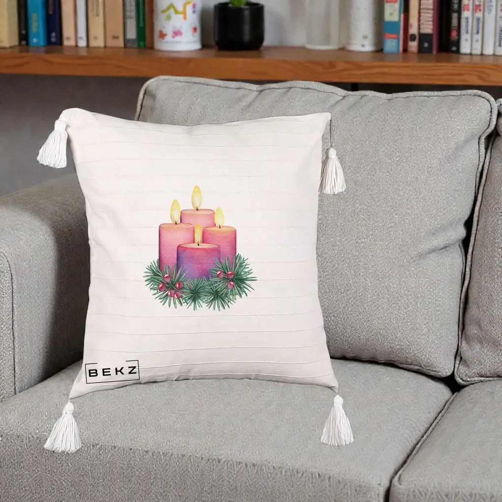 Perna Decorativa Lumanari Advent Roz-Violet, 40x40 cm, Bej cu Franjuri, Husa Detasabila, Perna Inclusa, BEKZ®