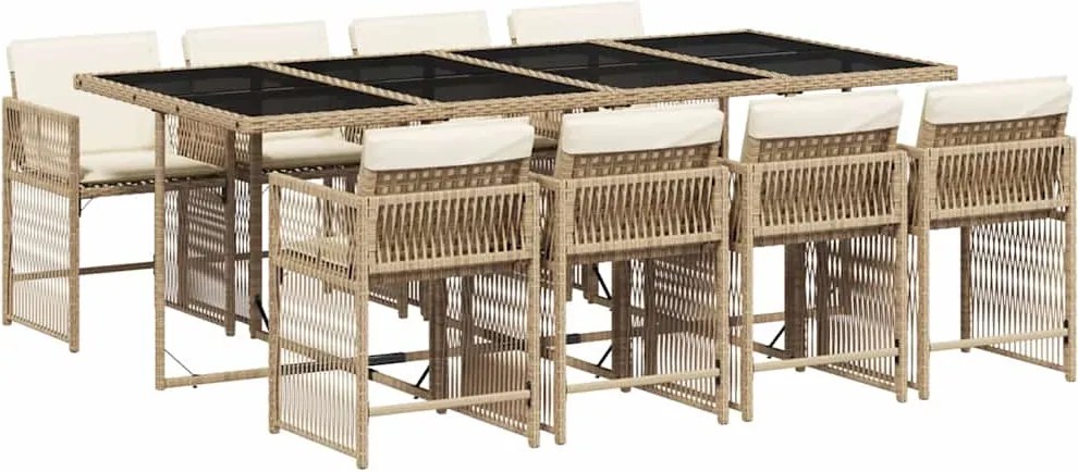 vidaXL Set de masă pentru grădină, 9 piese, cu perne, bej, poliratan
