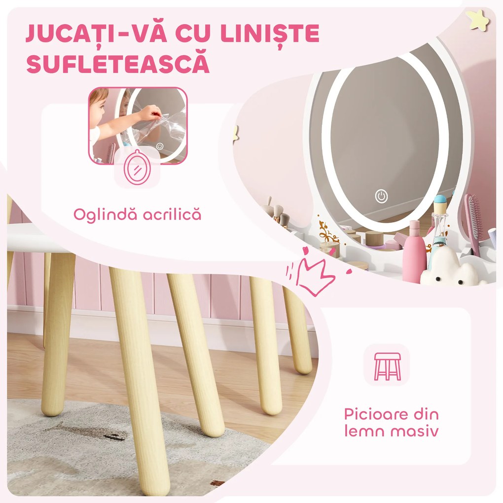 AIYAPLAY Set Măsuță și Scaun pentru Copii cu Oglindă cu Lumini LED în 3 Culori, Sertar, Cutii de Depozitare, pentru 3+ Ani, Alb | Aosom Romania