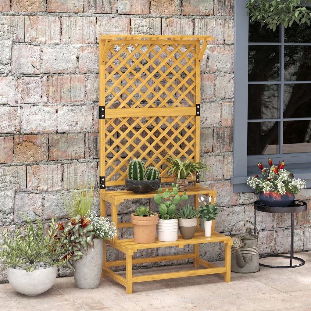 Outsunny Suport pentru plante, raft pentru flori, 2 niveluri, cu spalier și acoperiș, lemn de brad, 75x50x166cm, galben | Aosom Romania