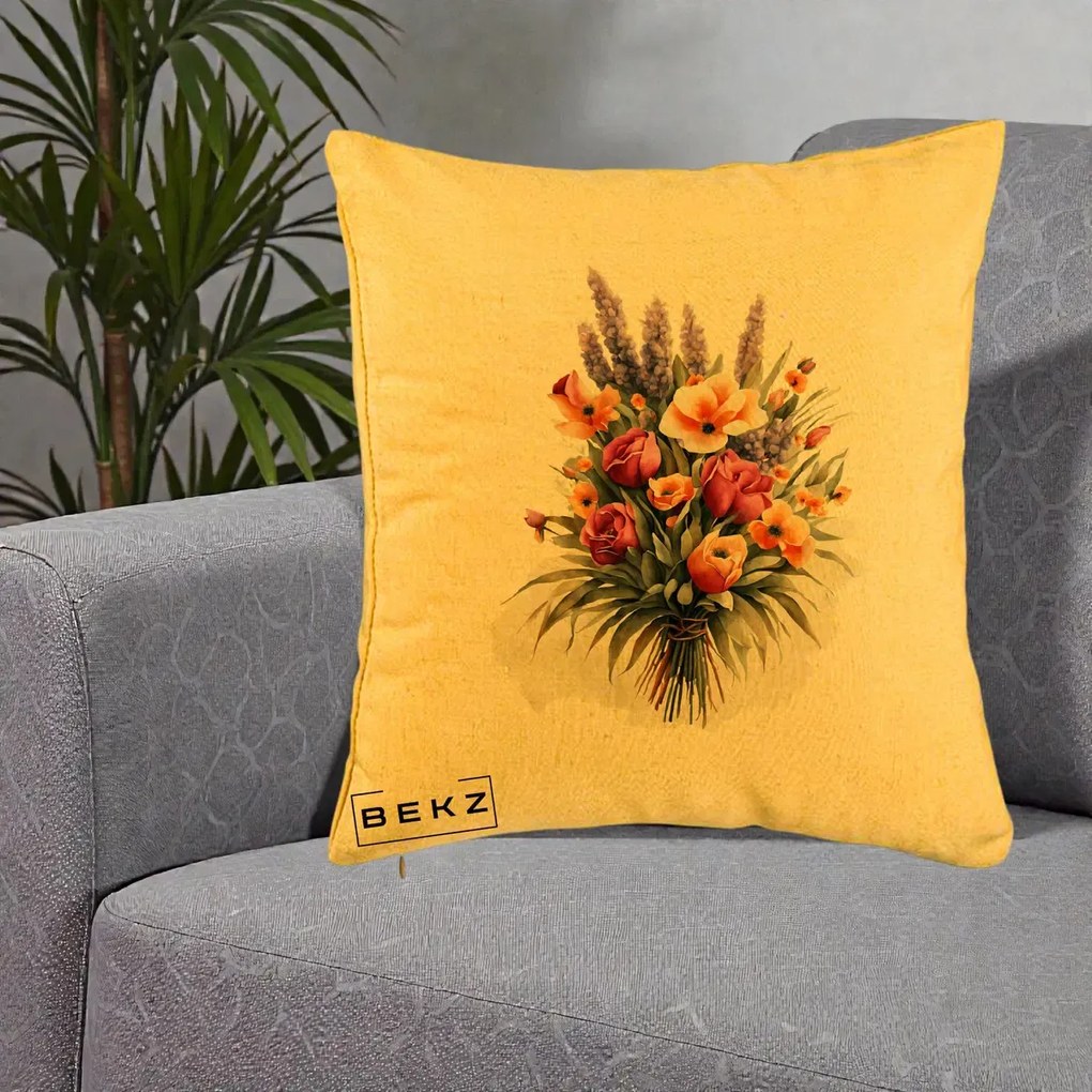 Perna Decorativa Buchet Mixt Acuarela Lavanda-Trandafiri, 40x40 cm, Galben, Husa Detasabila, Perna Inclusa, BEKZ®