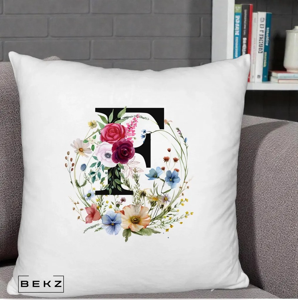 Cadou Personalizat - Perna Personalizata Monogram Litera F cu Flori Acuarela, 40x40 cm, Alb Pufos, Husa Detasabila, Perna Inclusa, BEKZ®