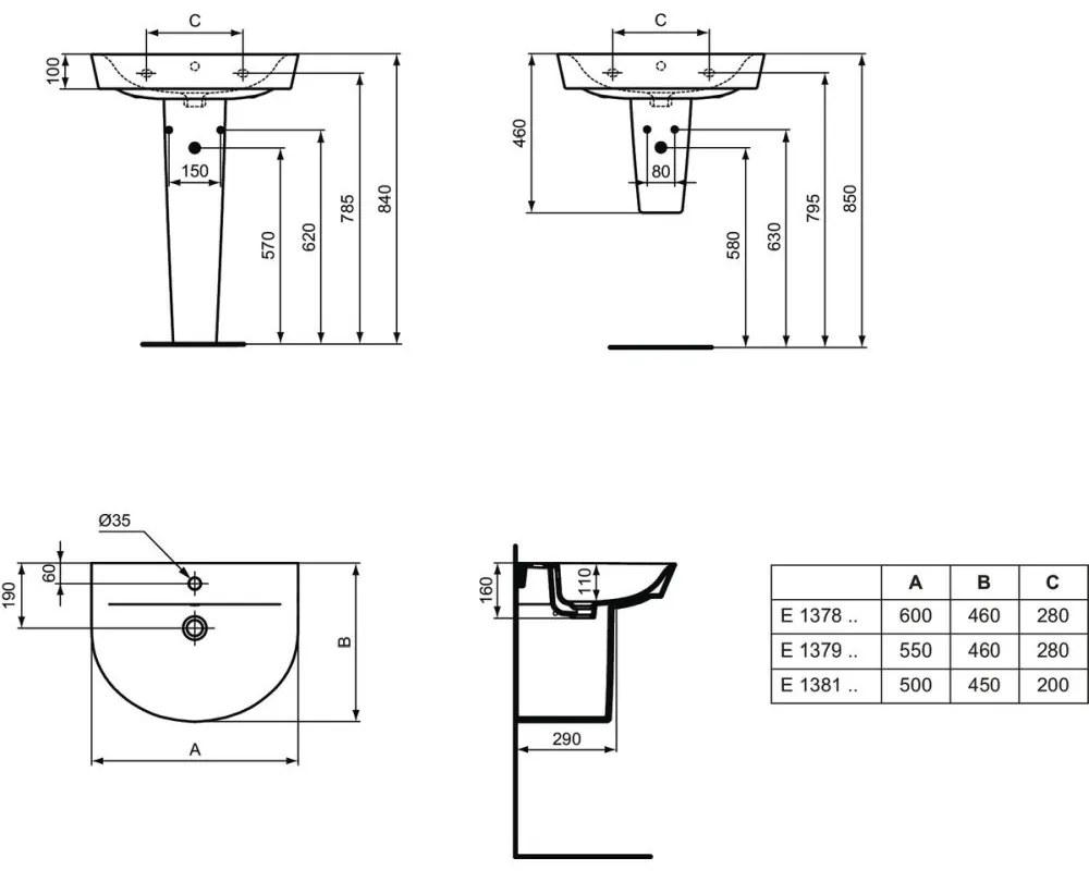 Lavoar suspendat alb 60 cm, asimetric, orificiu baterie si preaplin, Ideal Standard Connect Air