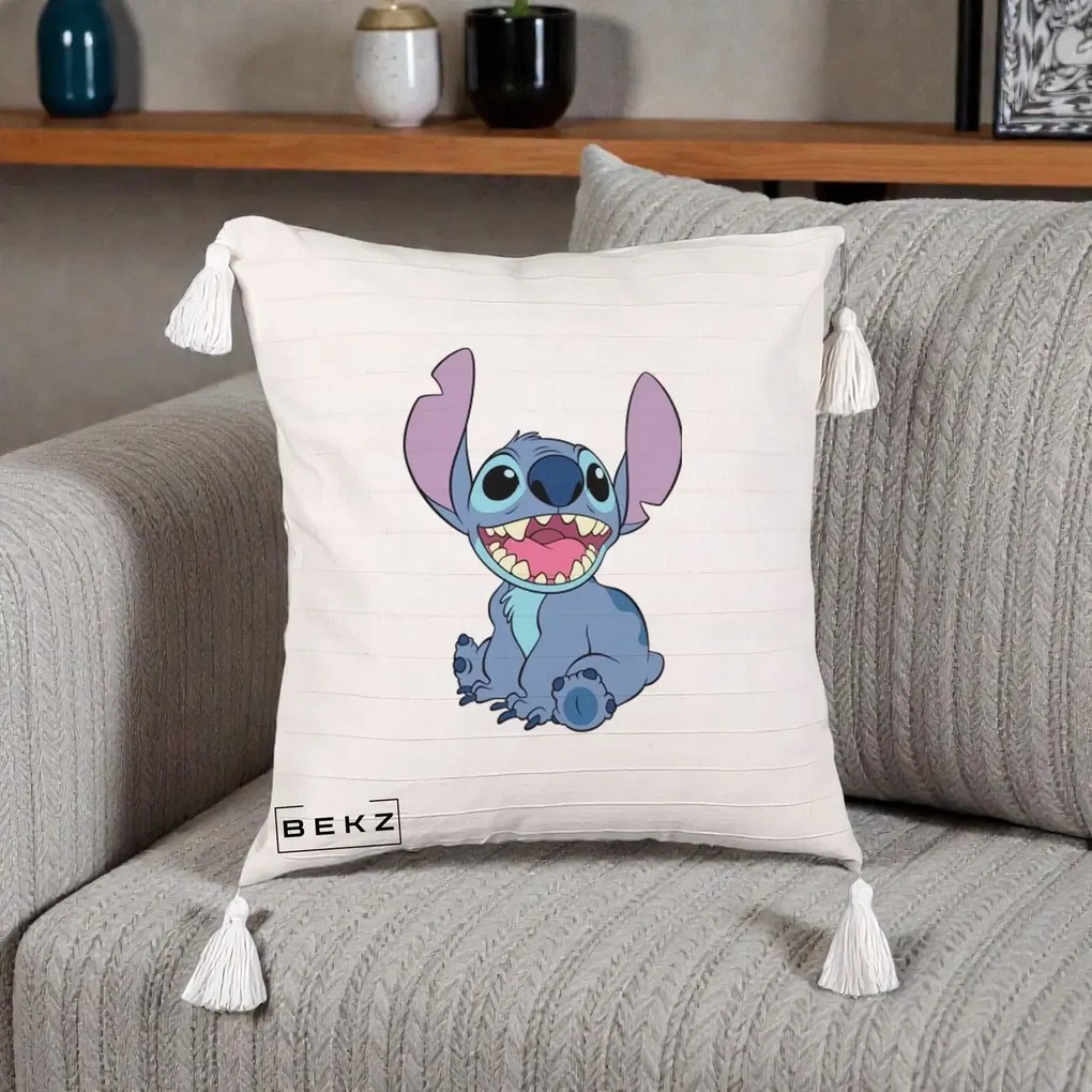 Perna Personalizata Stitch Zambitor, 40x40 cm, Bej cu Franjuri, Husa Detasabila, Perna Inclusa, BEKZ®