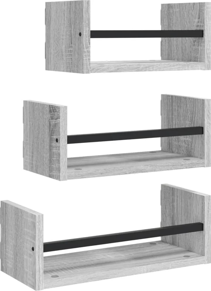 vidaXL Set rafturi perete cu bare, 3 buc, gri sonoma, lemn prelucrat