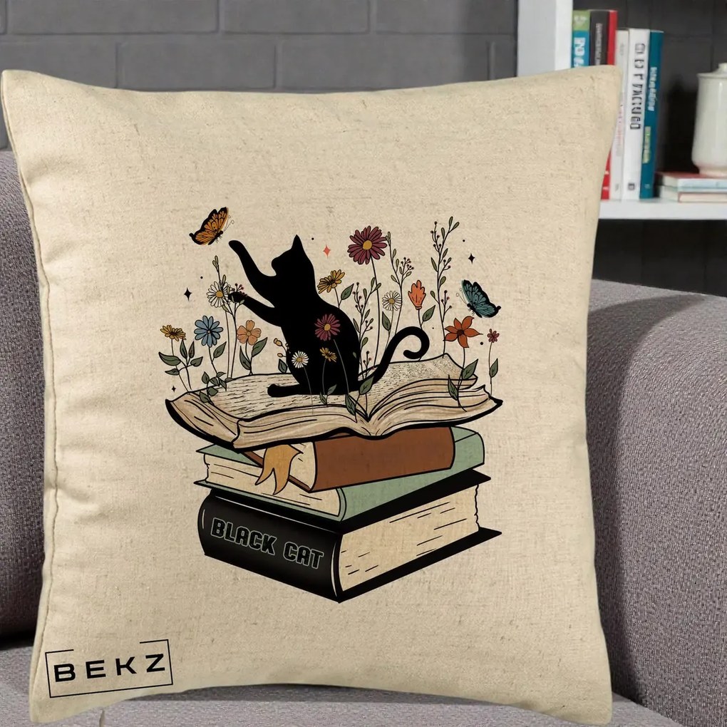 Perna Personalizata Pisica Neagra Carti Flori Fluturi, 40x40 cm, Bej, Husa Detasabila, Perna Inclusa, BEKZ®
