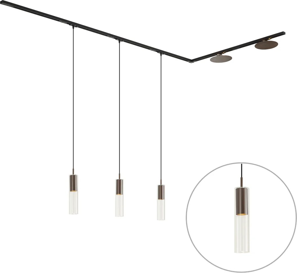 Sistem de iluminat pe șină modern negru cu 3 lămpi suspendate și 2 plafoniere bronzate monofazate - Iconic Lloyd Pulley