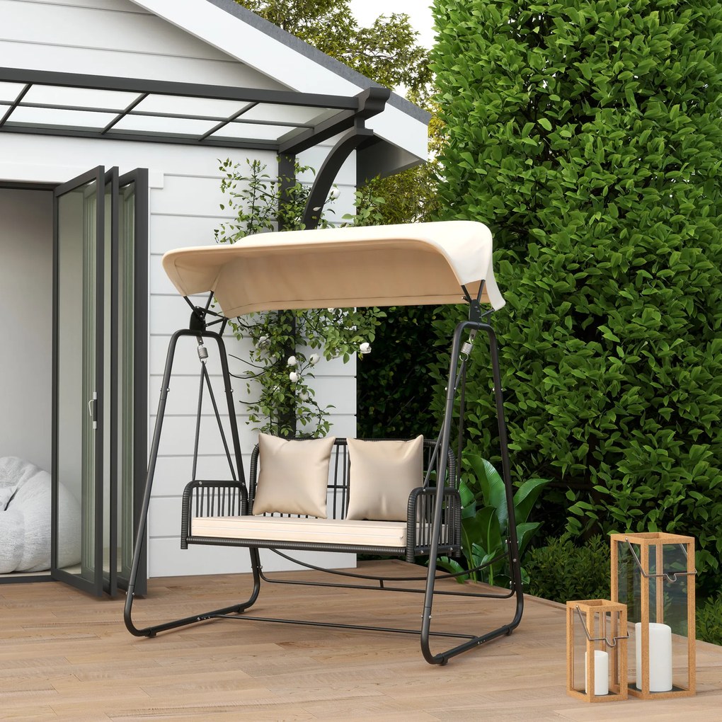 Outsunny Hollywoodschaukel din ratan pentru 2 persoane, cu acoperiș reglabil, perne, cu o capacitate de încărcare de până la 240 kg, 149 x 121 x 180 cm, kaki | Aosom Romania