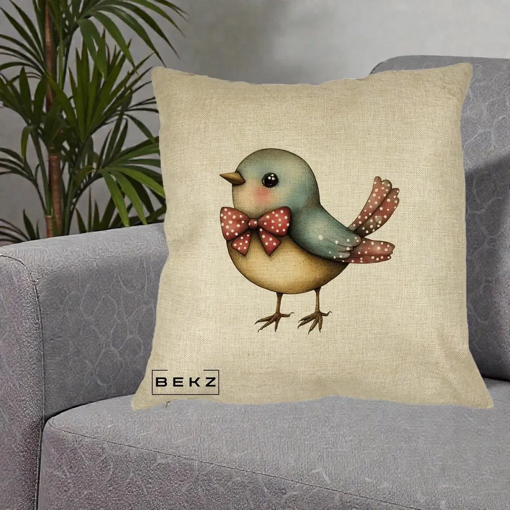 Perna Decorativa Pasare Bleu cu Fundita Rosie, 40x40 cm, Crem, Husa Detasabila, Perna Inclusa, BEKZ®