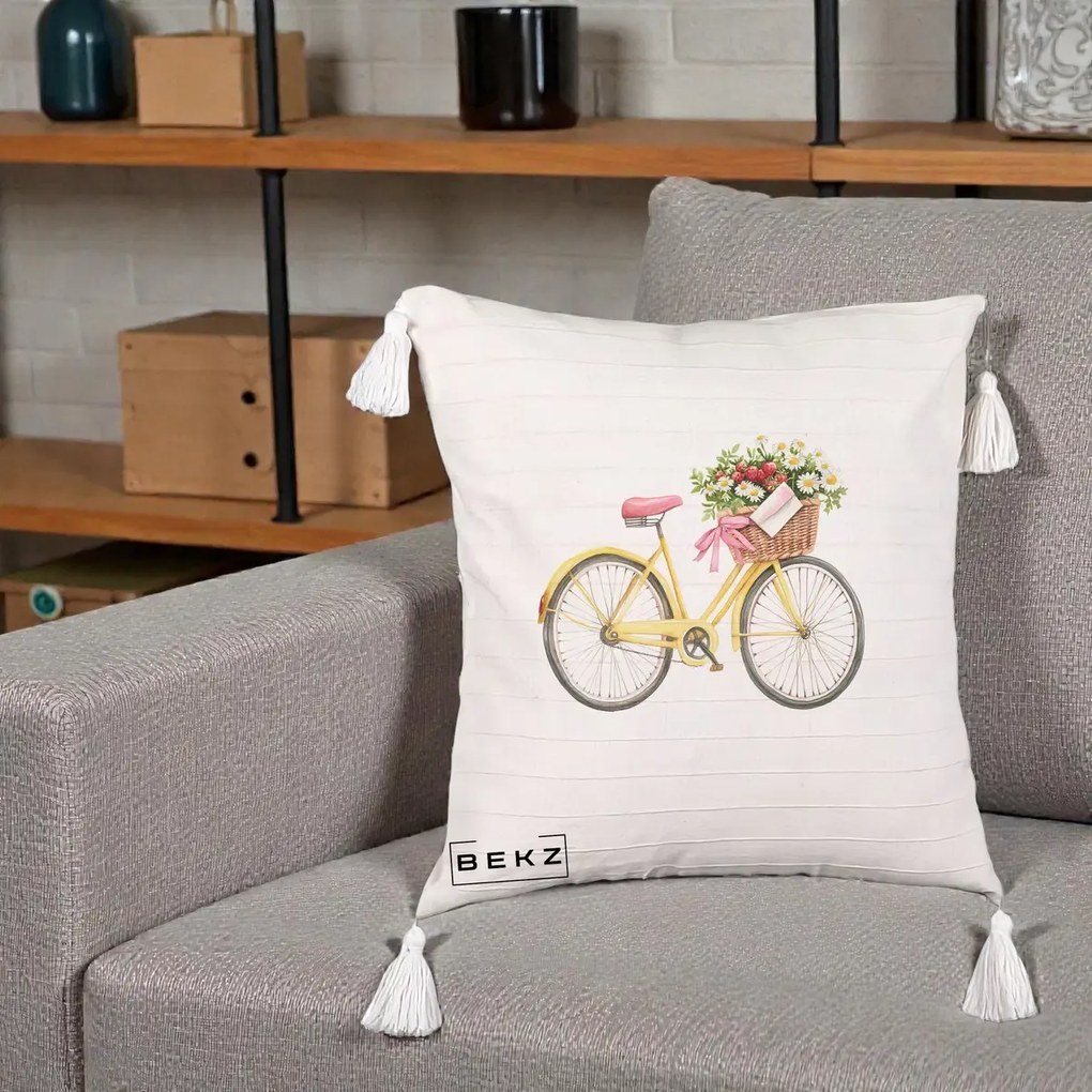 Perna Decorativa Bicicleta Galbena cu Cos de Flori Primavara, 40x40 cm, Bej cu Franjuri, Husa Detasabila, Perna Inclusa, BEKZ®