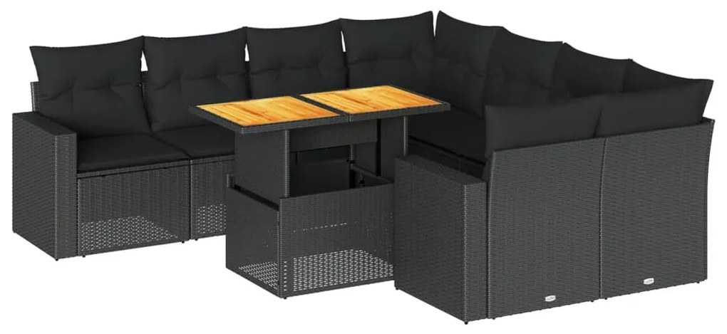 3327016 vidaXL Set mobilier de grădină cu perne, 9 piese, negru, poliratan