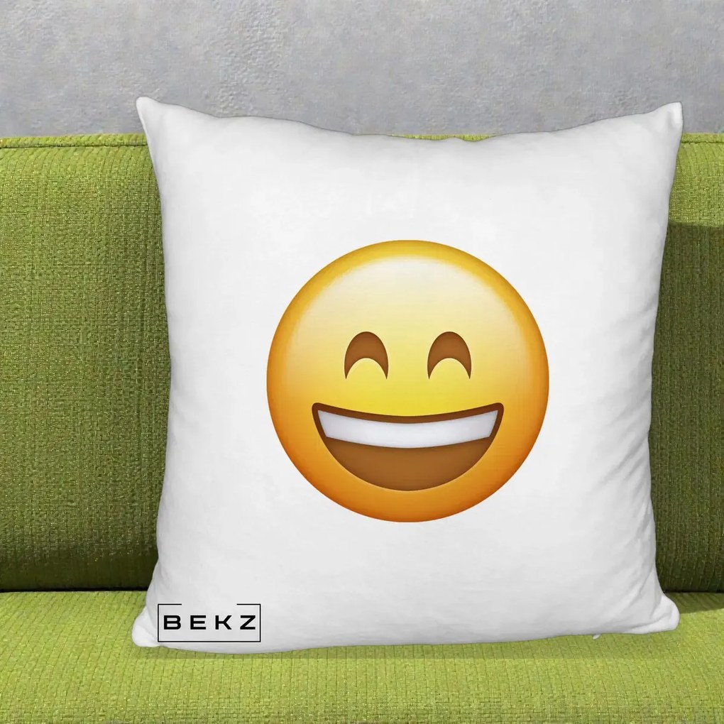 Perna Decorativa Emoji Zambet Mare, 40x40 cm, Alb Pufos, Husa Detasabila, Perna Inclusa, BEKZ®