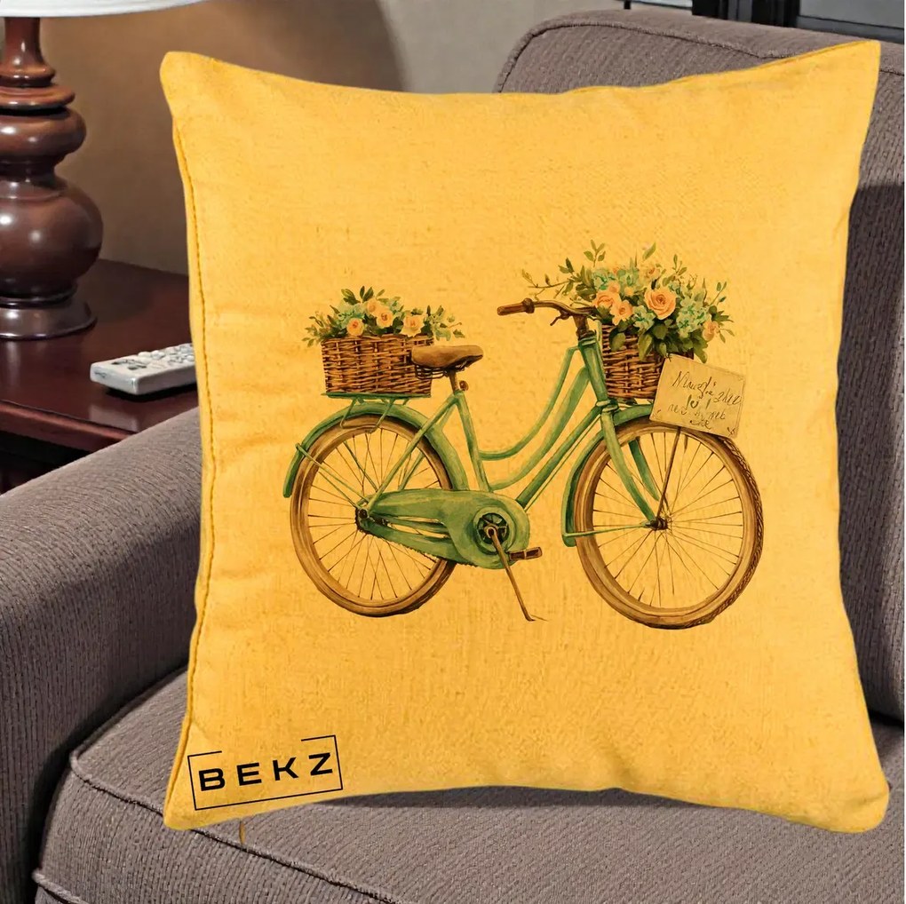 Perna Decorativa Bicicleta Teal cu Cosuri Duble de Flori Vintage, 40x40 cm, Galben, Husa Detasabila, Perna Inclusa, BEKZ®