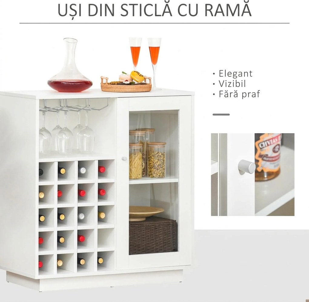 HOMCOM Dulap pentru Sticle cu Suport pentru Pahare și Sticle de Vin, 80x36x85 cm, Alb | Aosom Romania