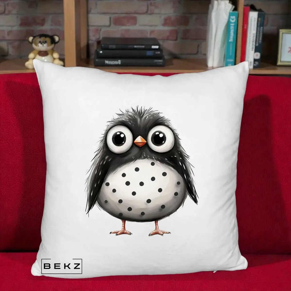 Perna Decorativa Bufnita Neagra cu Buline Albe, 40x40 cm, Alb Pufos, Husa Detasabila, Perna Inclusa, BEKZ®