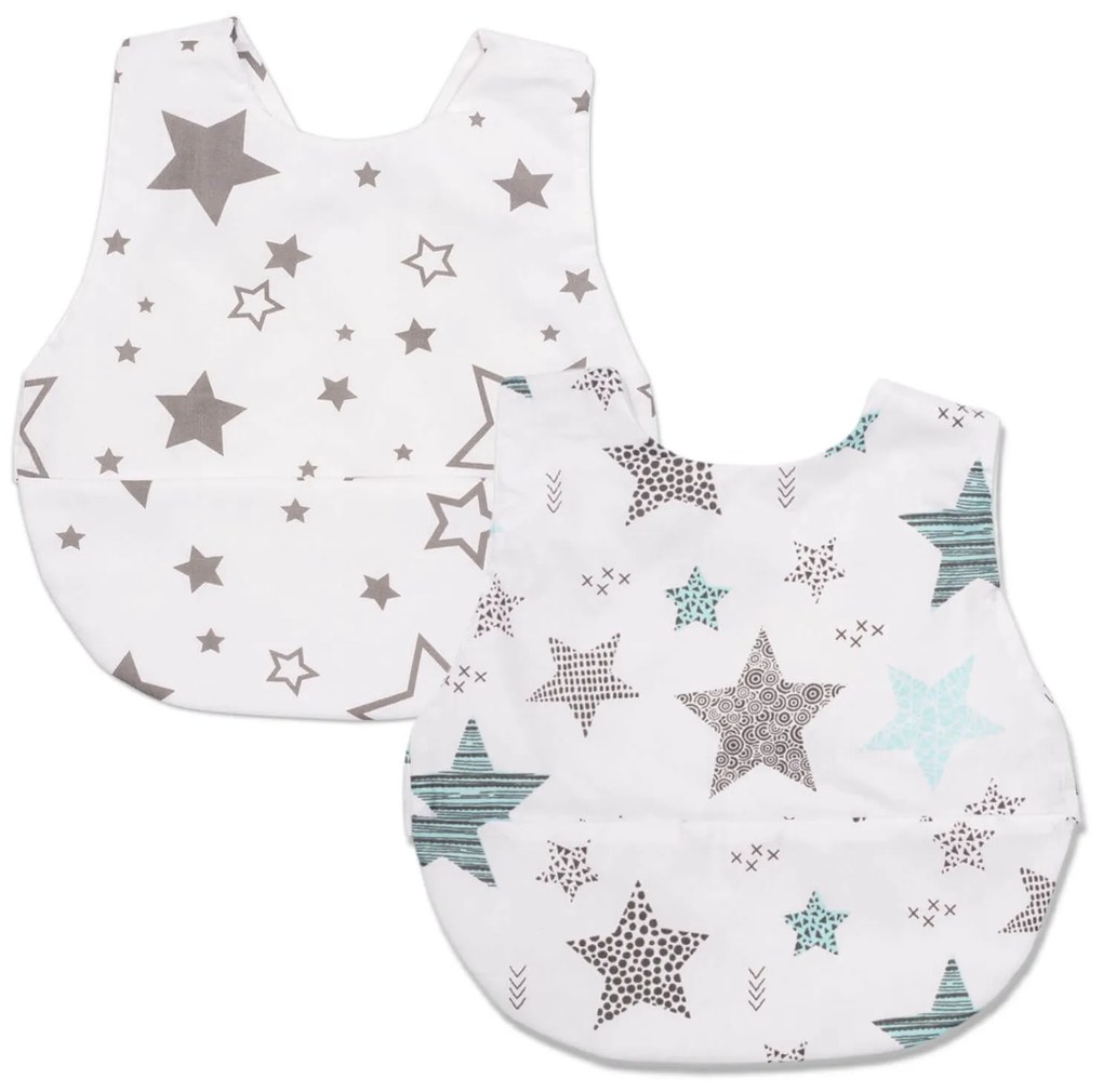 Set 2 bavete impermebile din bumbac cu buzunar Kidizi Galaxy Mint Stars, 6-36 luni, verso frotir, strat impermeabil mijloc