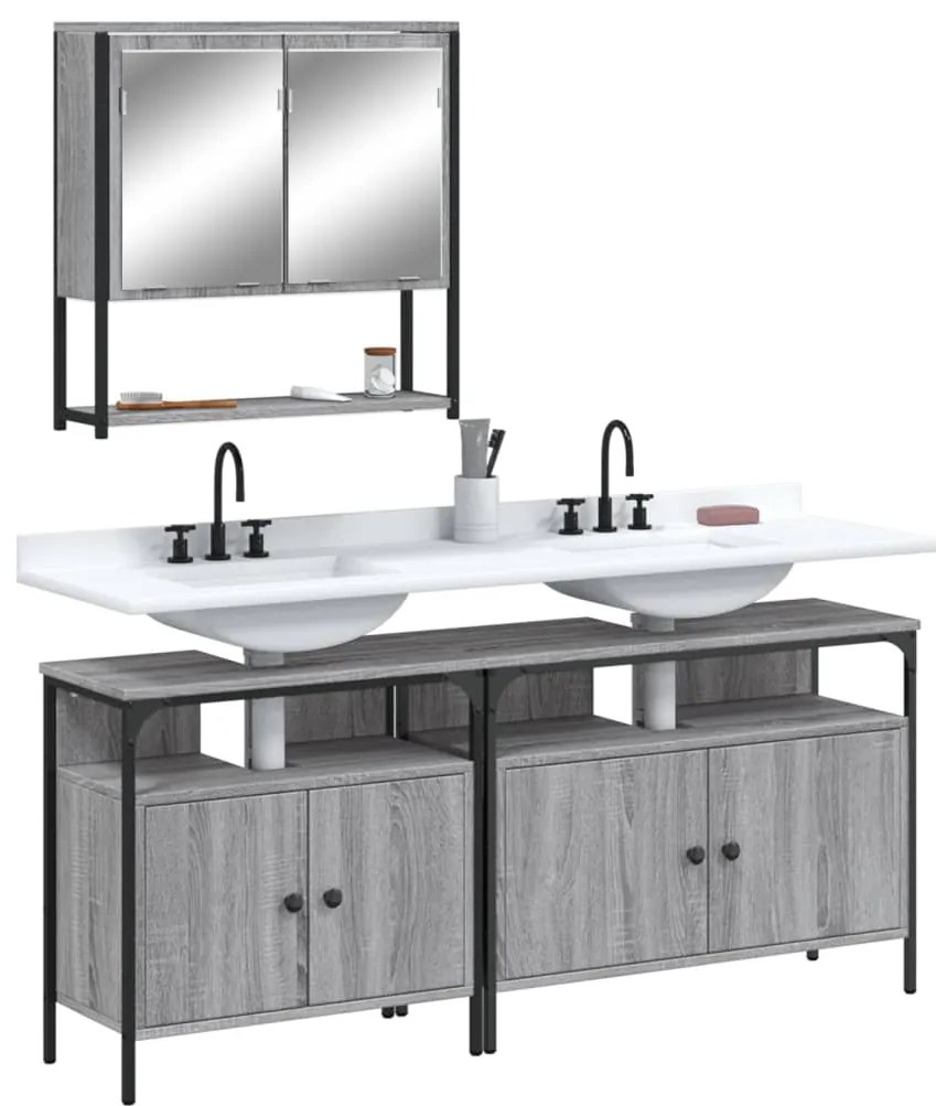 vidaXL Set mobilier de baie, 3 piese, gri sonoma, lemn prelucrat