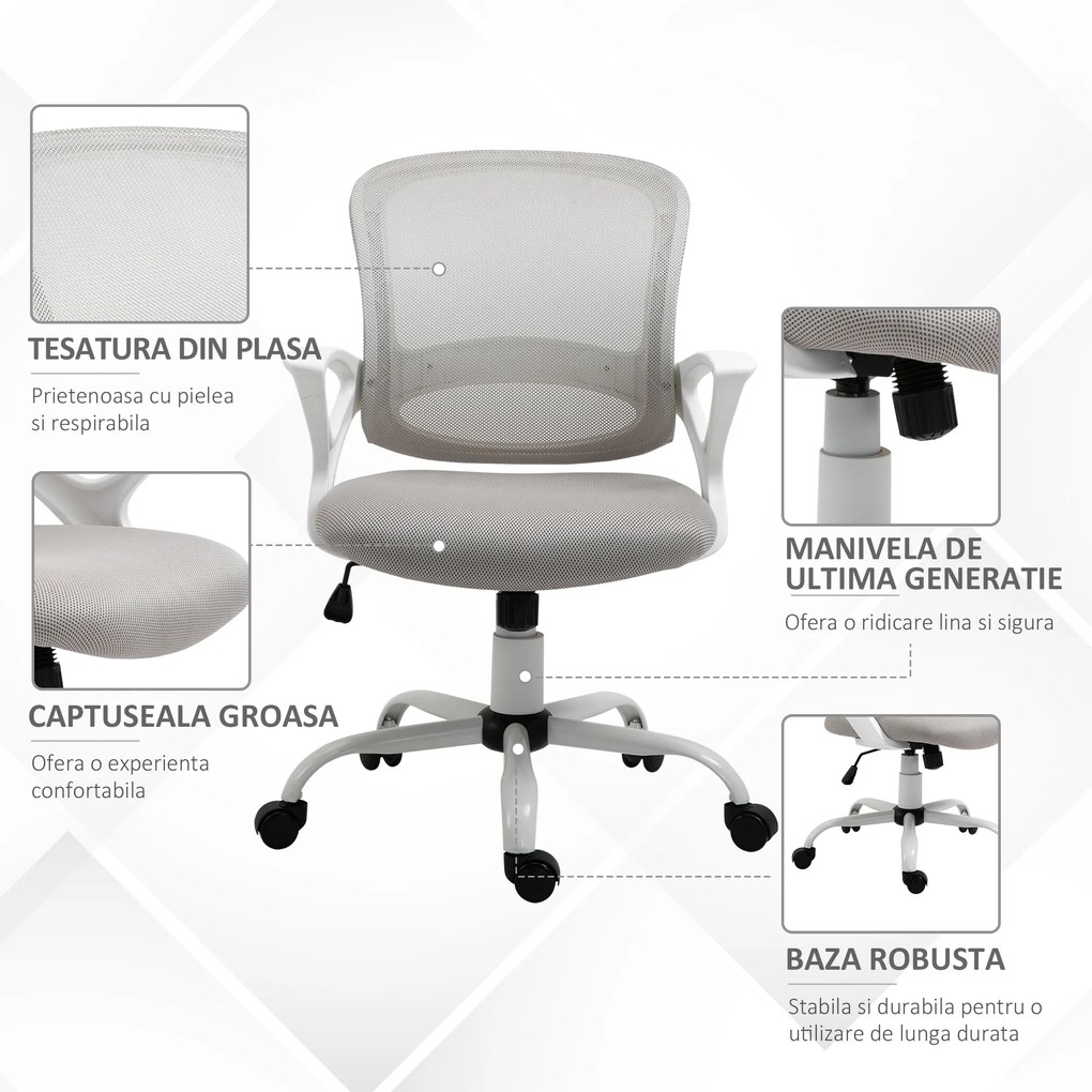 Scaun de Birou din Plasa din Material Textil Gri, Scaun pentru Masa de Lucru Ergonomic si Rotativ cu Înaltime Ajustabila Vinsetto | Aosom Romania